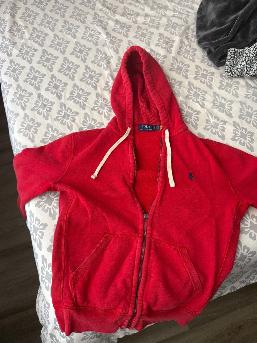 Ralph Lauren Red Hooded Zip-Up Sweatshirt with White Drawstrings